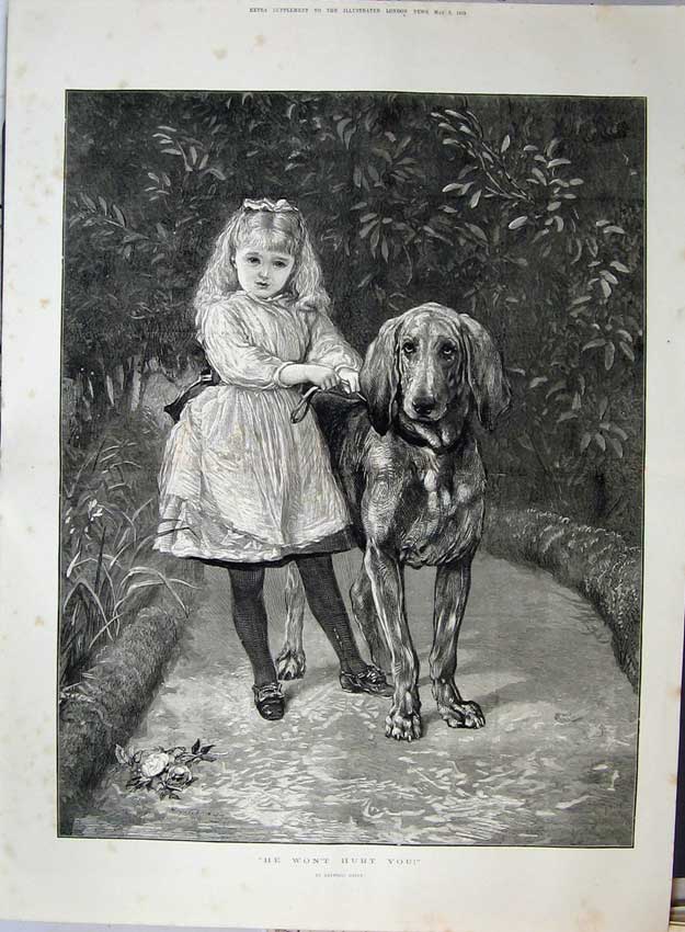 Original Old Antique Print 1875 Little Girl Hing Large Dog Heywood Hardy 19th