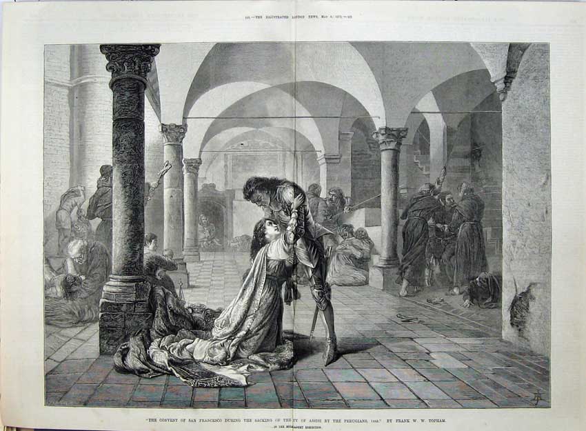 Antique Old Print 1875 Convent San Francesco Sacking Assisi Perugians Art 19th