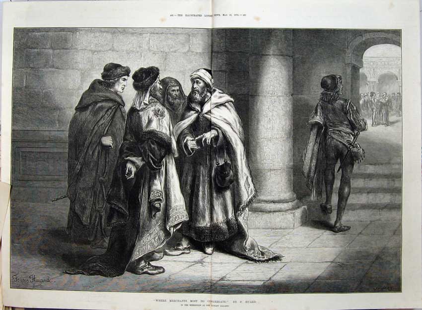 Old Antique Print 1875 Fine Art Merchants Congregate Men Dudley Gallery 19th