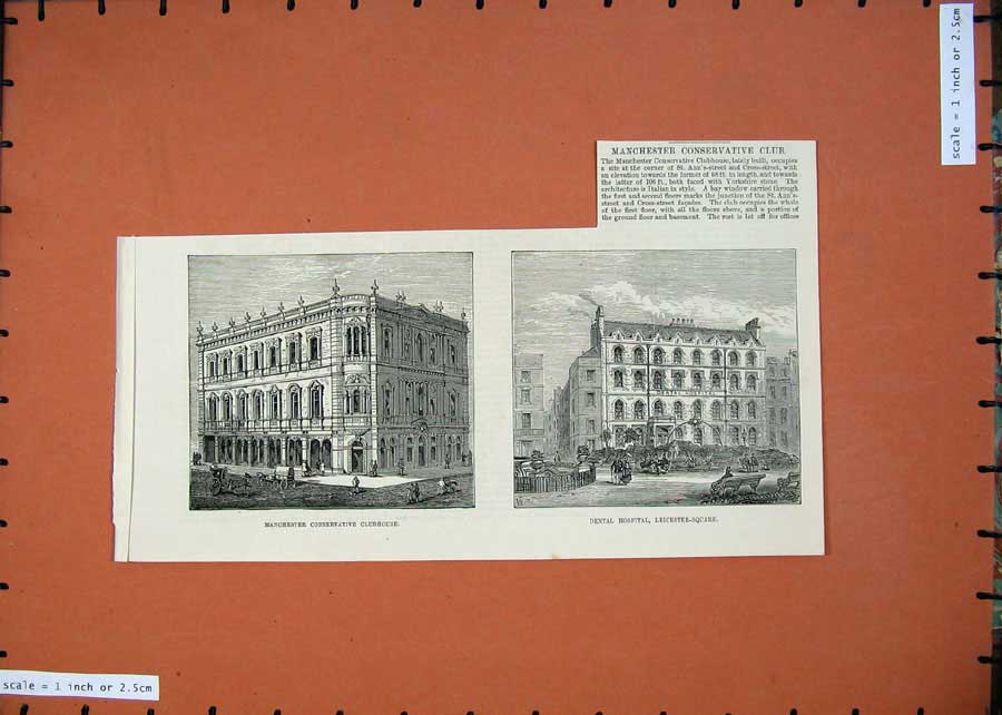 Original Old Antique Print 1875 Manchester Clubhouse Dental Hospital Leicester