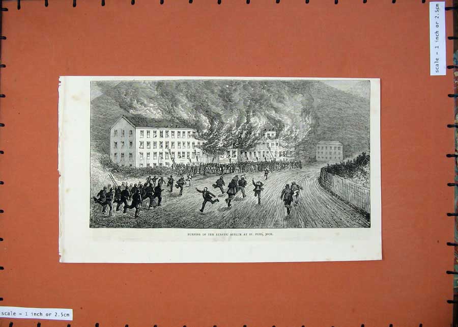 Old Antique Print 1875 Fire Burning Lunatic Asylum Pons Nice France Men 19th
