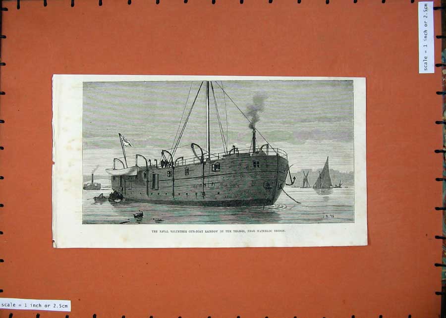 Old Antique Print 1875 Naval Volunteer Gun-Boat Rainbow Thames Waterloo 19th