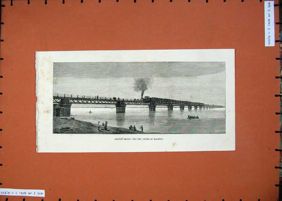 Original Old Antique Print 1875 Railway Bridge Train River Ganges Rajghaut Art