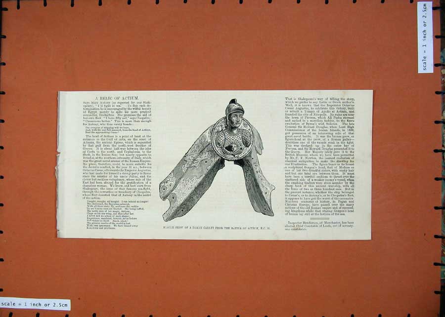 Original Old Antique Print 1875 Bronze Prow Roman Galley Battle Actium Relic