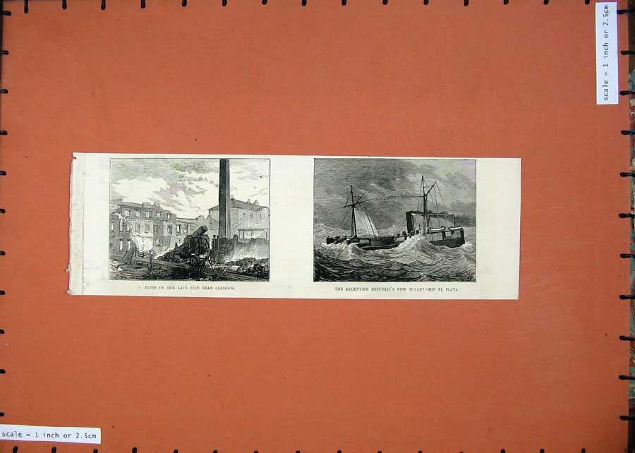 Old Antique Print 1875 Ruins Buildings Fire Glasgow Argentine Ship Plata 19th
