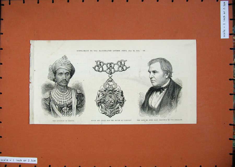 Old Antique Print 1875 Guicowar Baroda John Gray Solicitor Mayor Coventry 19th