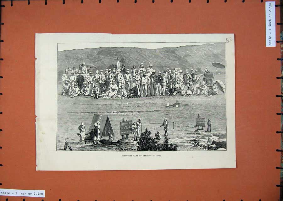 Original Old Antique Print 1875 War Volunteer Ta Army Camp Exercise India 19th