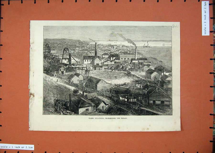 Original Old Antique Print Fine Art 1875 Thames GFields Grahamstown Zealand