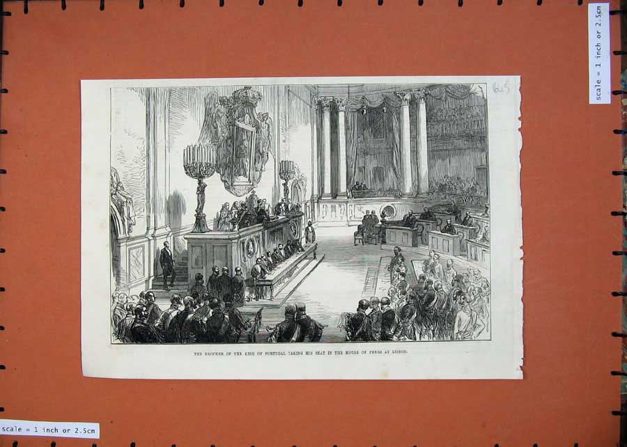 Original Old Antique Print 1875 Brother King Portugal House Peers Lisbon 19th