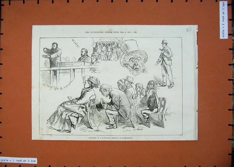 Original Old Antique Print Sketches Revivalist Meeting Birmingham England 1875