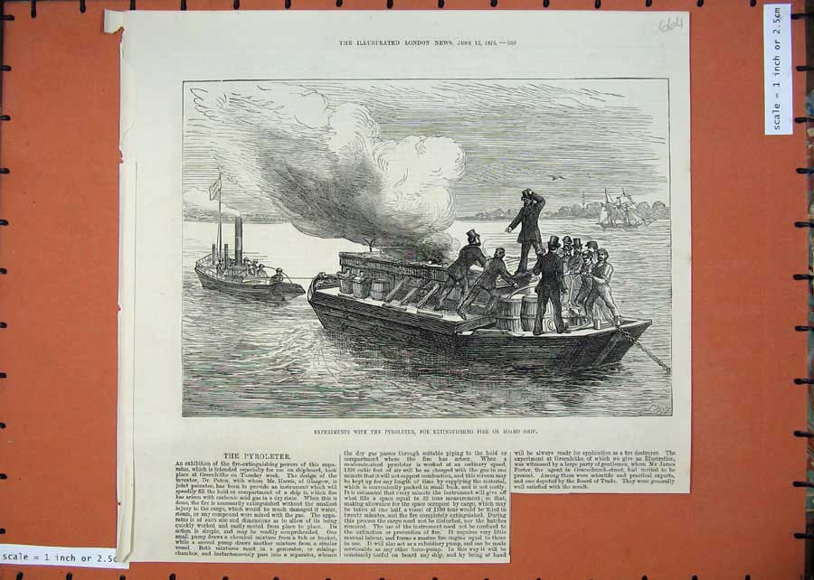 Old Antique Print 1875 Experiments Pyroleter Extinguishing Fire Ship Art 19th