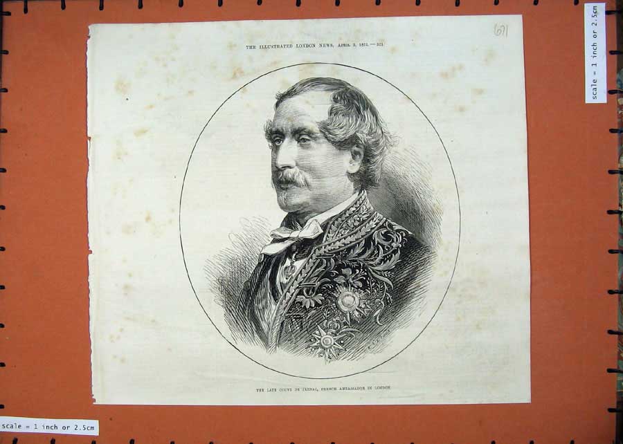 Old Antique Print 1875 Portrait Count De Jarnac French Ambassador London 19th
