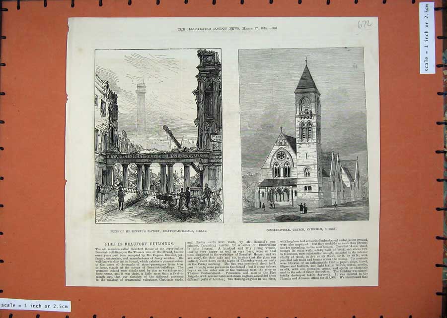 Old Antique Print 1875 Ruins Rimmel Factory Strand Church Caterham Surrey 19th