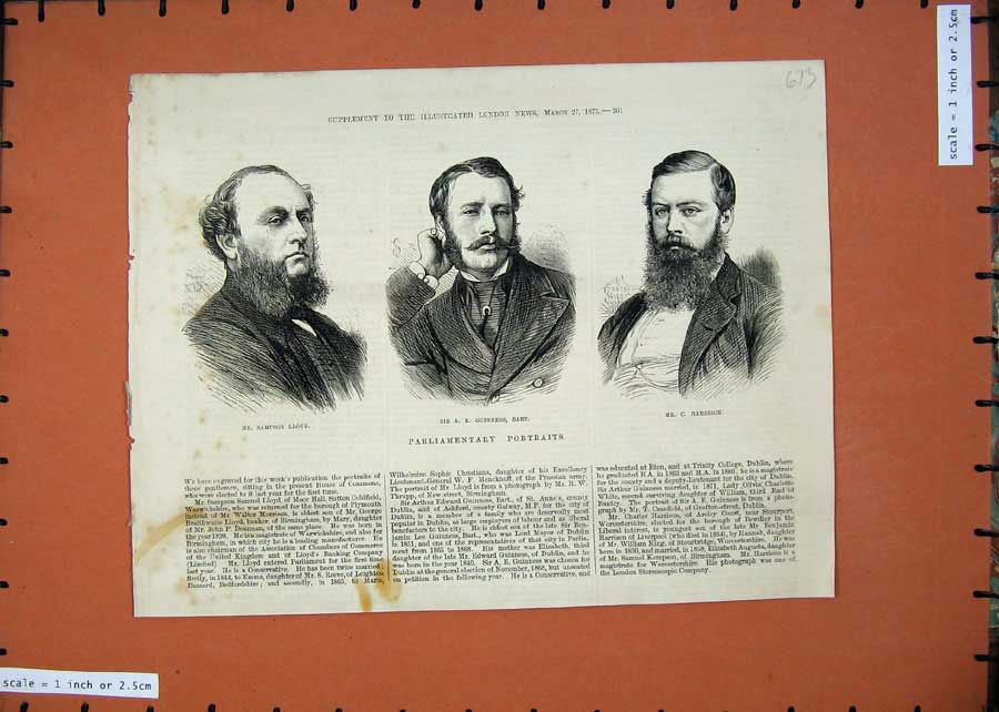 Original Old Antique Print 1875 Parliament Men Sampson Lloyd Harrison Guinness