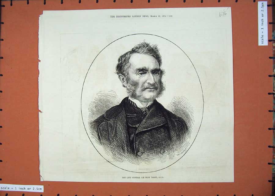 Original Old Antique Print 1875 Portrait General Sir Hope Grant Army War 19th