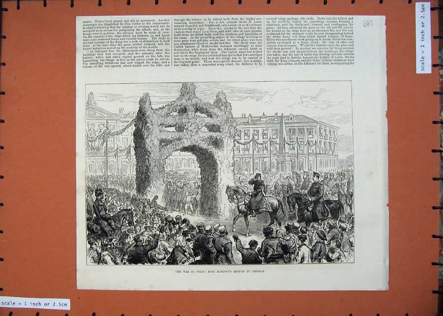 Old Antique Print War Spain 1875 King Alfonso Return Tafalla Horse Street 19th