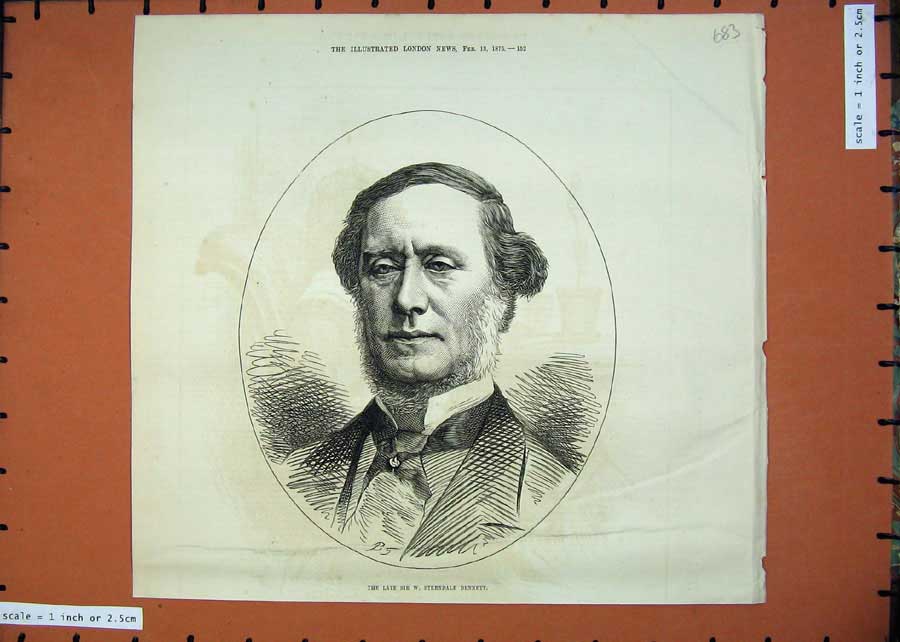 Original Old Antique Print 1875 Portrait Sir Sterndale Bennett Man Victorian