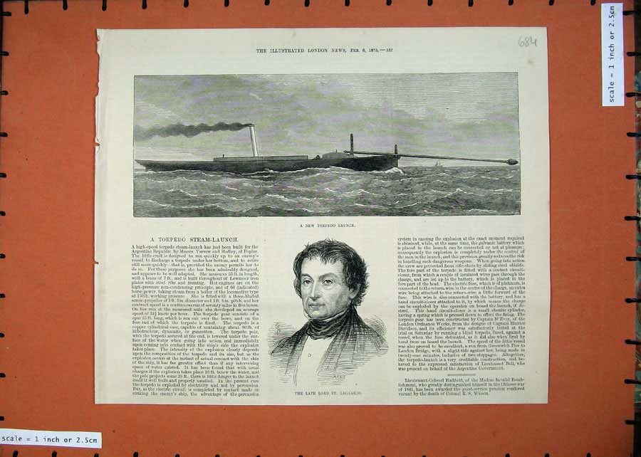 Old Antique Print 1875 Portrait Lord Leonards Torpedo Steam Launch Ship 19th