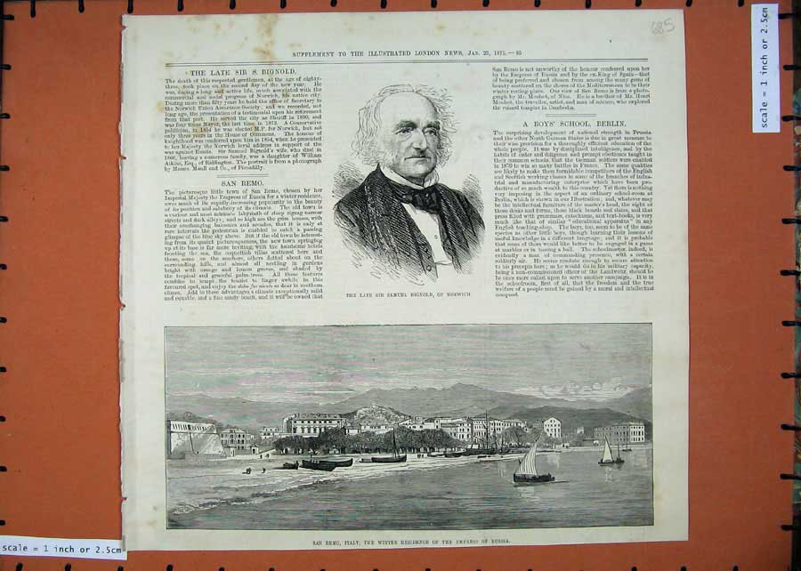 Original Old Antique Print 1875 Samuel BignNorwich San Remo Italy Russia Yacht