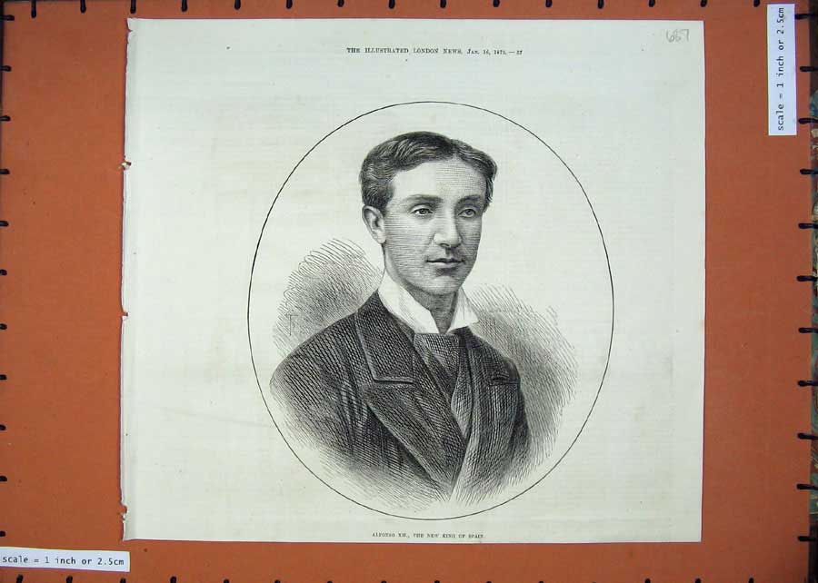 Original Old Antique Print 1875 Portrait Don Alfonso King Spain 19th