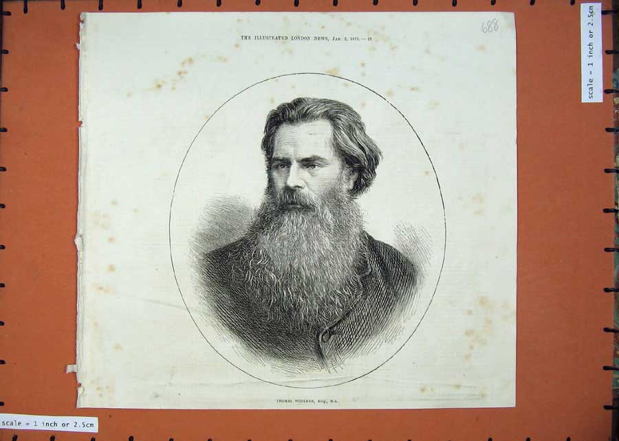 Original Old Antique Print 1875 Portrait Thomas Woolner Bearded Man Victorian
