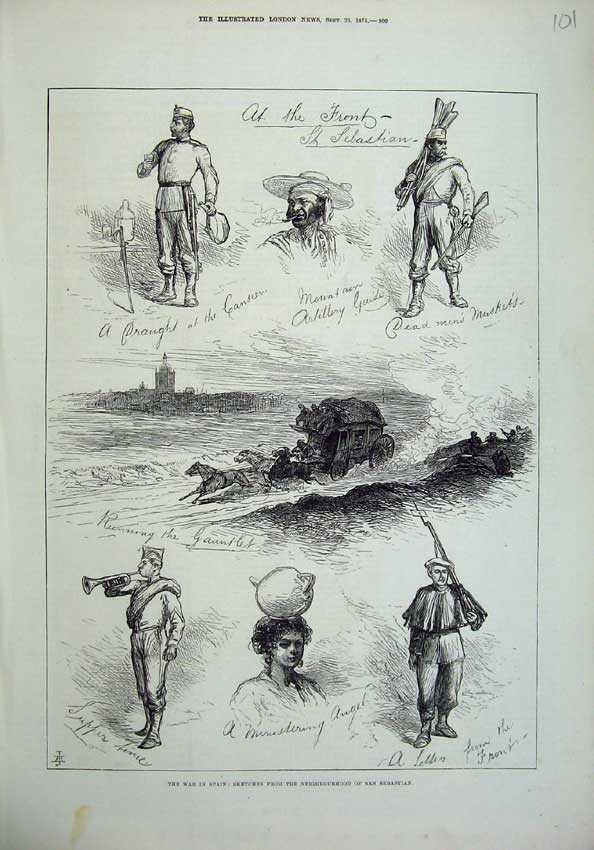 Old Antique Print 1875 War Spain San Sebastian Horse Waggon Army Musket 19th