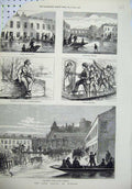 Old Antique Print 1875 Floods Windsor Bridges River Boats Houses London 19th