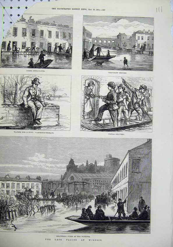 Old Antique Print 1875 Floods Windsor Bridges River Boats Houses London 19th