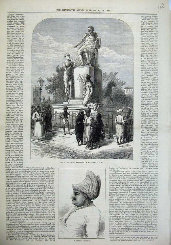 Original Old Antique Print 1875 Cutch Brahmin Marquis Wellesley Monument Bombay