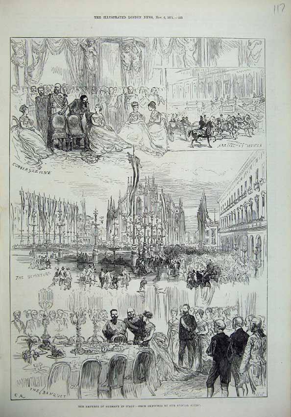 Original Old Antique Print 1875 Emperor Germany Italy Banquet Monza Cathedral
