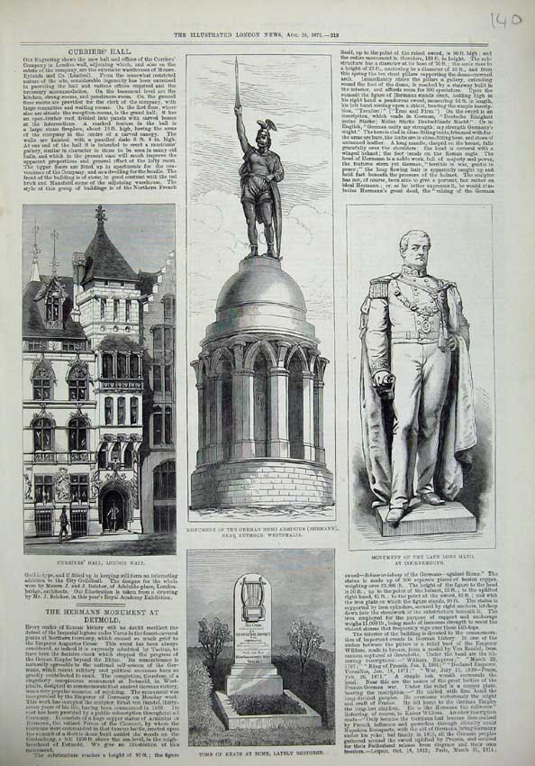 Original Old Antique Print 1875 Tomb Keats Currier'S Hall Monument Mayo Hermann