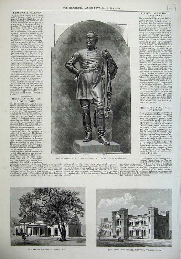 Old Antique Print 1875 Statue Jackson Havelock Chapel Agra School India 19th