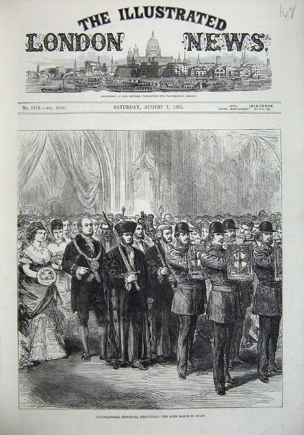 Original Old Antique Print 1875 Lord Mayor International Municipal Festivities
