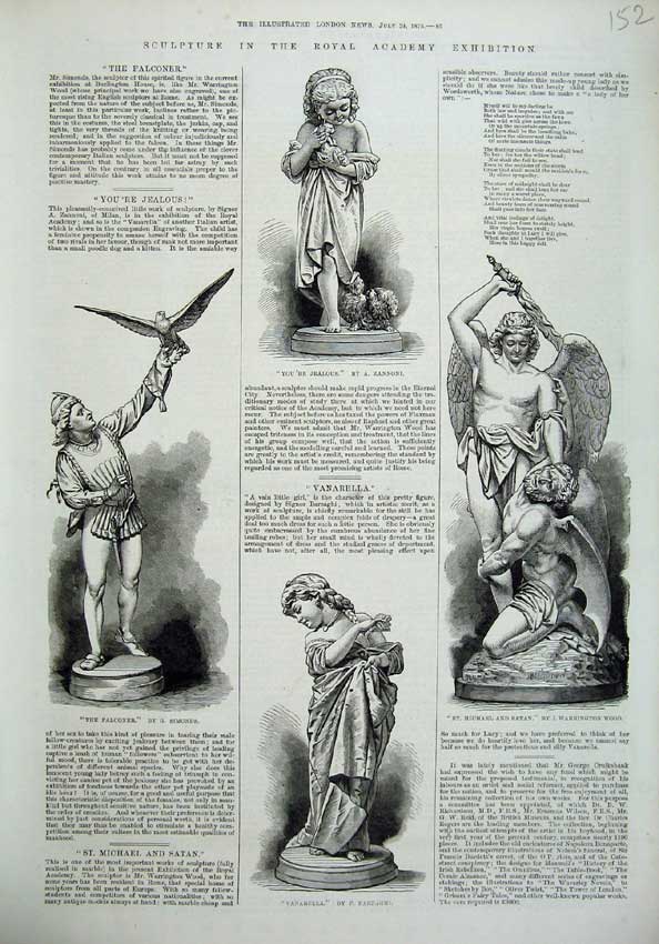 Old Antique Print 1875 Sculpture Statue Falconer Vanarella Michael Satan 19th