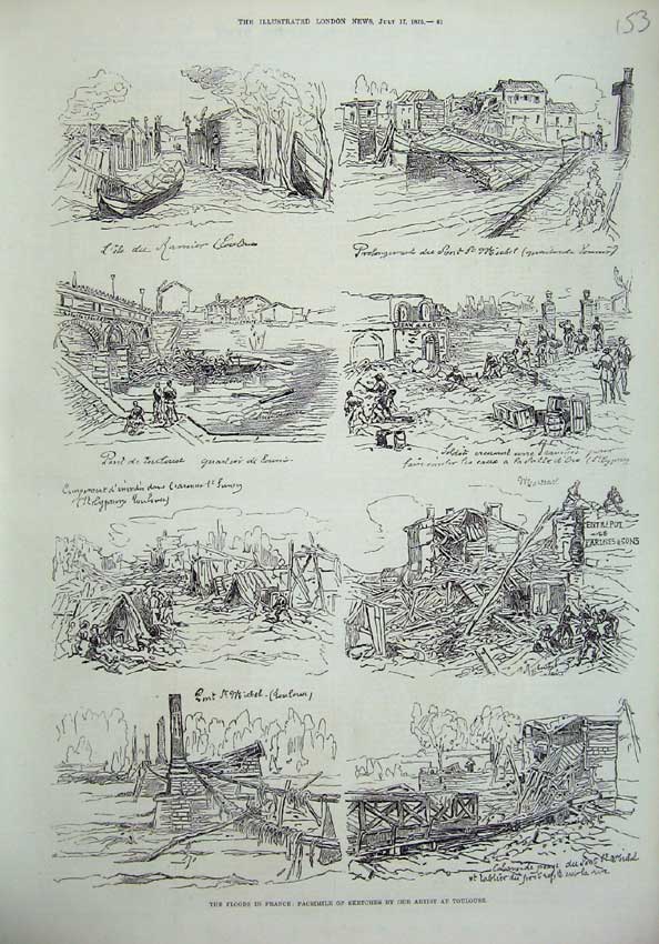 Original Old Antique Print 1875 Floods France Toulouse Boat Bridge River Sketch
