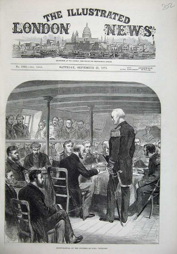 Original Old Antique Print 1875 Court-Martial Officers H.M.S Vanguard Ship Art