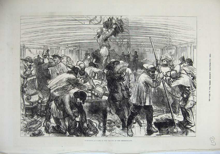 Original Old Antique Print 1875 Wreckers Work Saloon Deutschland 19th