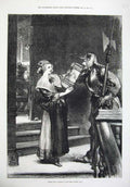 Original Old Antique Print Fine Art 1875 Man Knight Uniform Woman Jug Drink