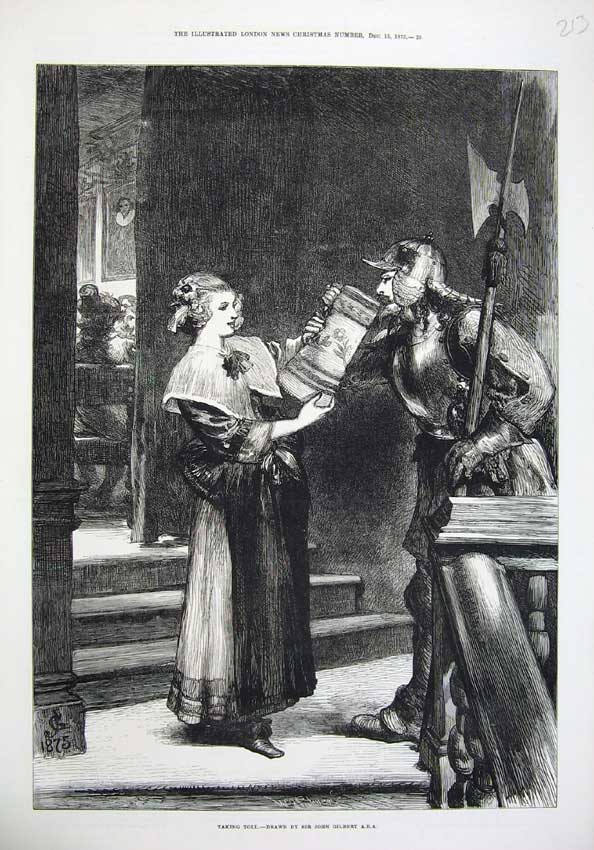Original Old Antique Print Fine Art 1875 Man Knight Uniform Woman Jug Drink