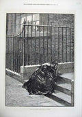 Original Old Antique Print 1875 Fine Art Snow Scene Man Children Door Steps