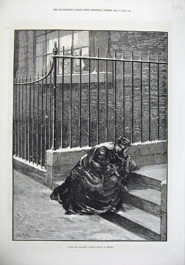 Original Old Antique Print 1875 Fine Art Snow Scene Man Children Door Steps