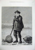 Original Old Antique Print 1875 Fine Art Young Boy Pan Heater Snow Roberts 19th