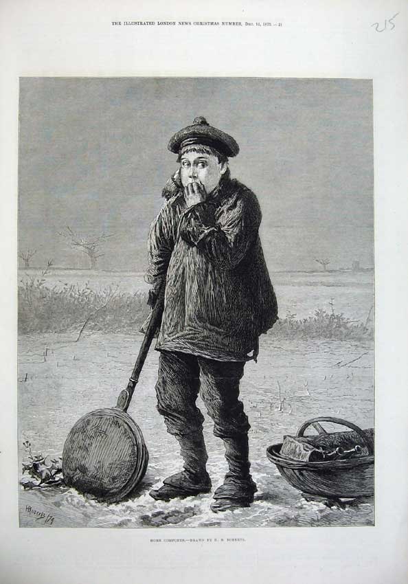 Original Old Antique Print 1875 Fine Art Young Boy Pan Heater Snow Roberts 19th