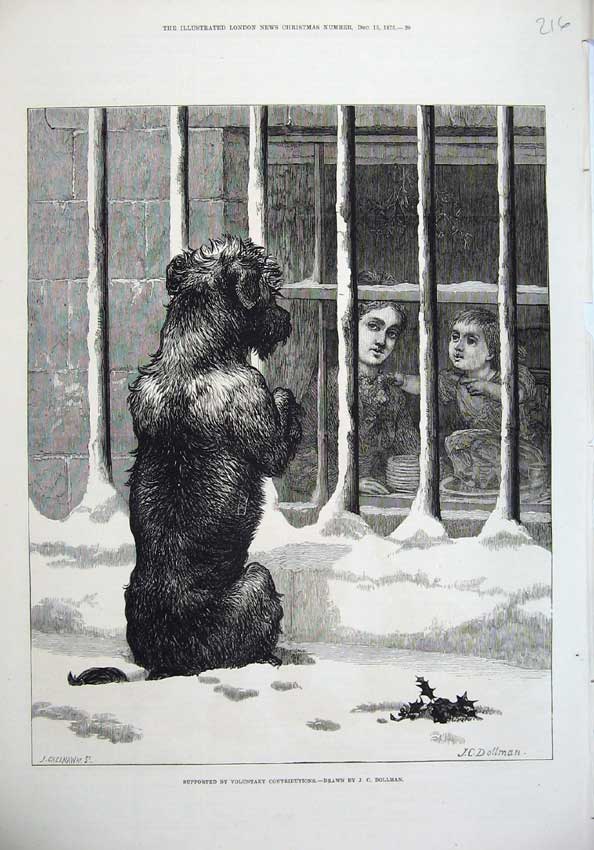Original Old Antique Print 1875 Children House Window Dog Snow Railings 19th