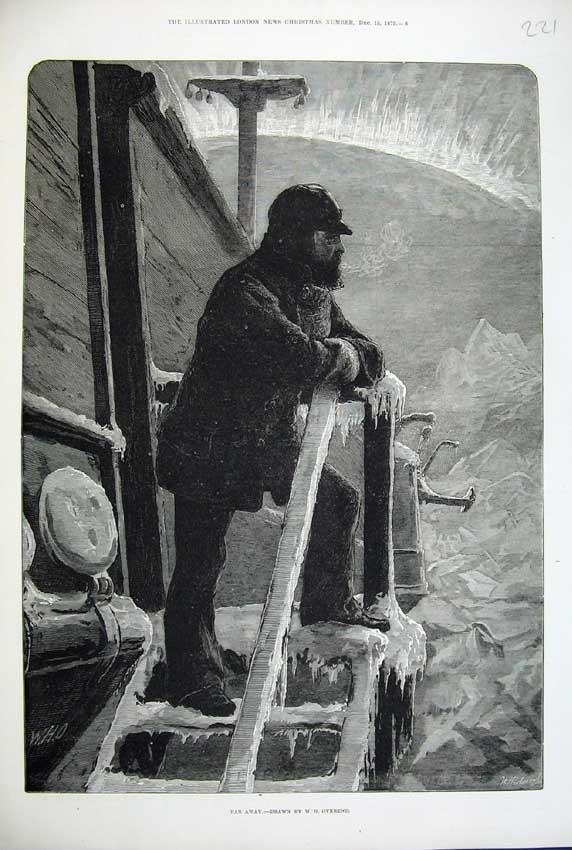 Original Old Antique Print 1875 Fine Art Man Ice Snow Ship Overend Victorian