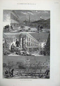 Old Antique Print 1875 River Thames Flood Fountains Wandsworth Fine Art 19th