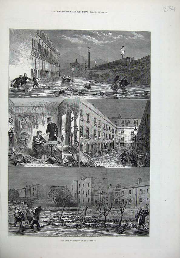 Old Antique Print 1875 River Thames Flood Fountains Wandsworth Fine Art 19th