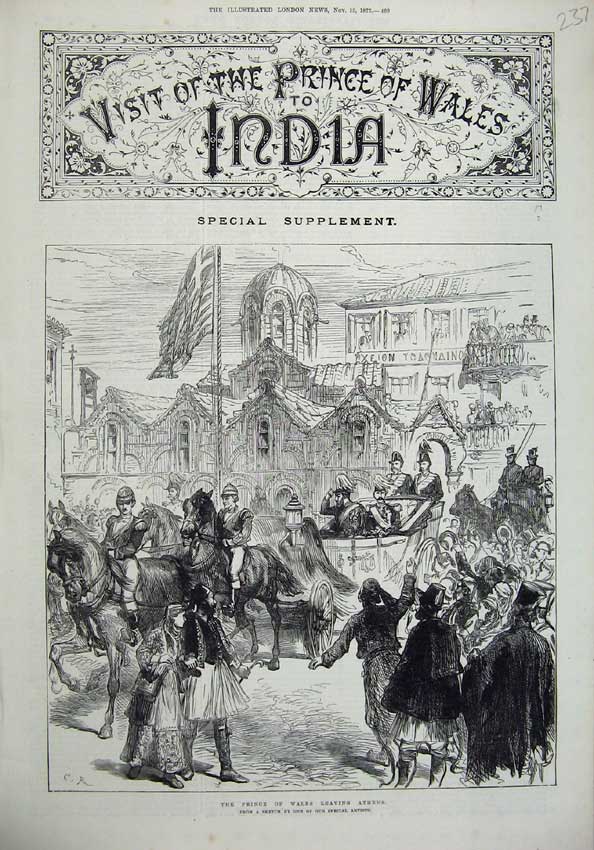 Old Antique Print 1875 Prince Wales Horse Carriage Athens Street People 19th