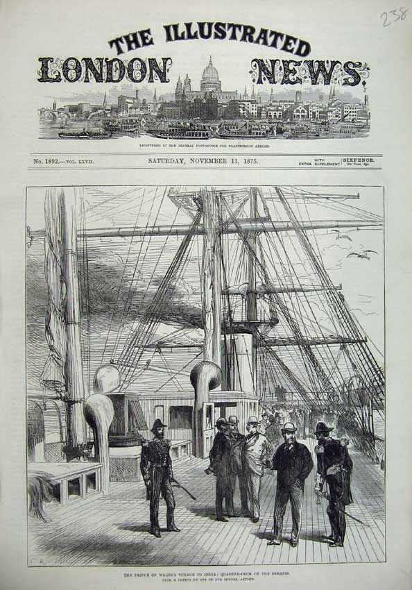 Original Old Antique Print 1875 Prince Wales India Quarter-Deck Serapis Ship