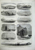 Old Antique Print 1875 Red Sea Suez Shadawar Lighthouse Ship Abu Ali Rock 19th